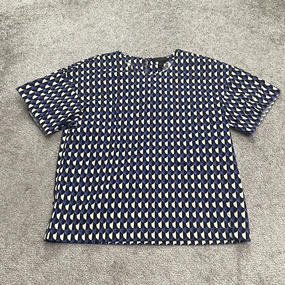 J.Crew Geometric Blouse Womens 00 Blue White Black Short Sleeve Rolled Cuff Top